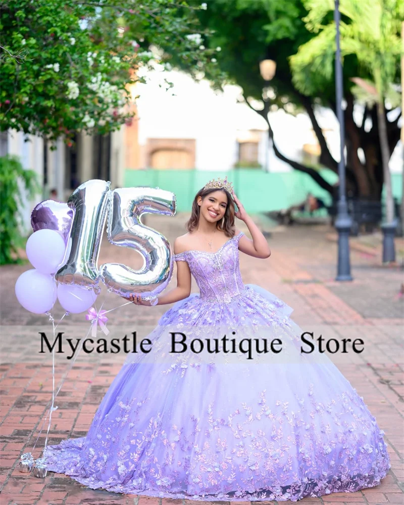 Mexico Purple Lace Sweetheart Ball Gown Quinceanera Dresses 2024 Beaded 3D Flowers Sweet 16 Dress Birthday Party Gowns Lace up