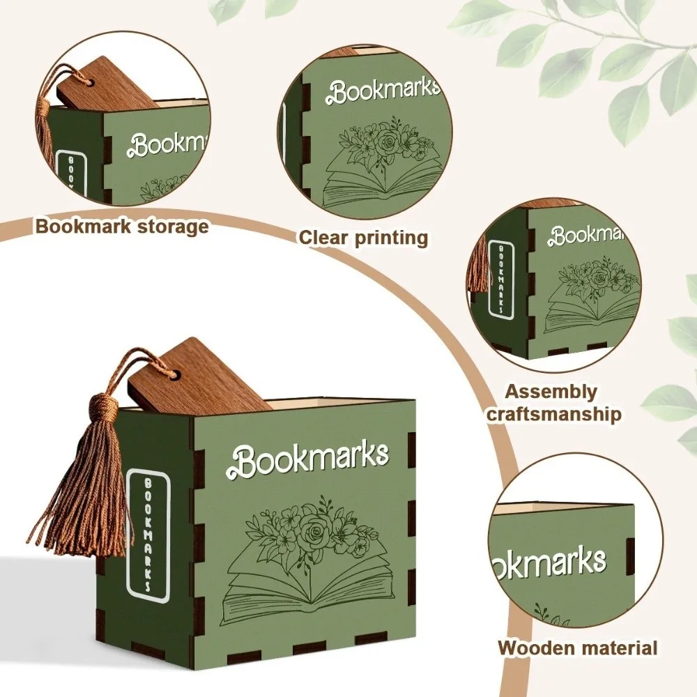 Wood Bookmark Storage Box Printed Pattern Book Shaped Desktop Organizer Box Compact Pen Container Desktop Organization