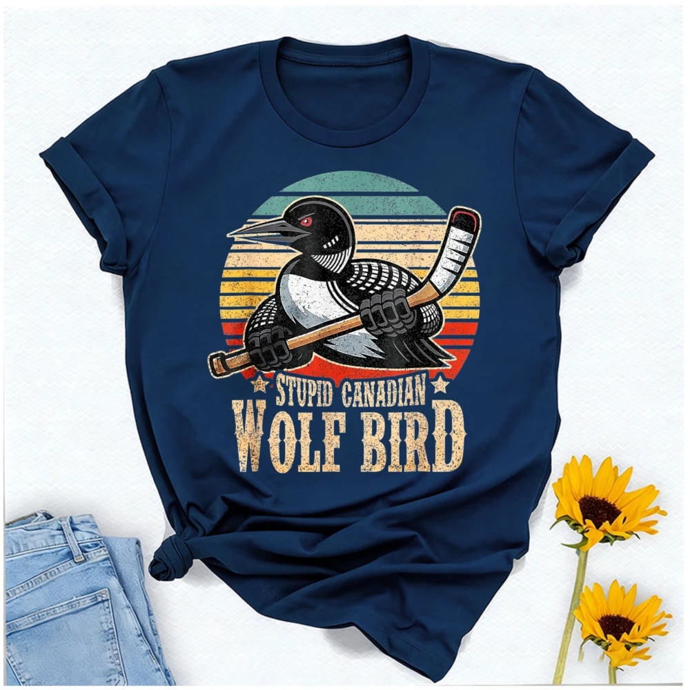 Stupid Canadian Wolf Bird Vintage distressed Heated graphic of a common loon gripping a hockey stick Unisex T-Shirt Short-sleev