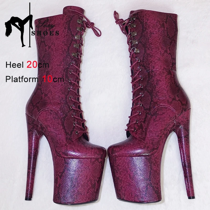 Gaoxiaojie INS Style 20CM Extreme High Heels Platform Boots Lace Up Pole Dancing Ankle Boots Side Zip Snake Pattern Women Shoes