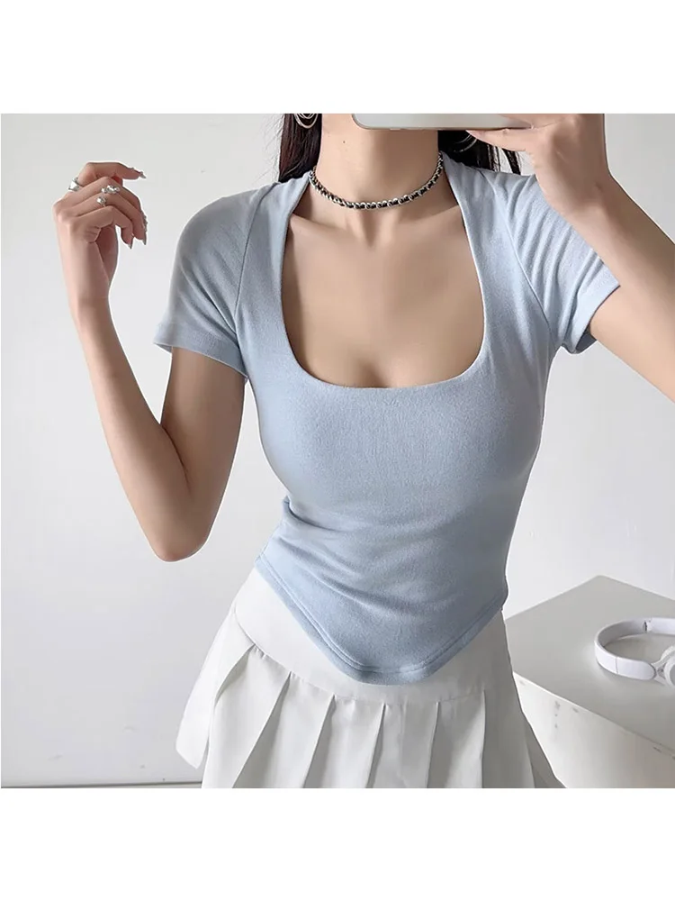 Women Square Neck Rib Fit Tee Basic Short Sleeve Crop T-shirt