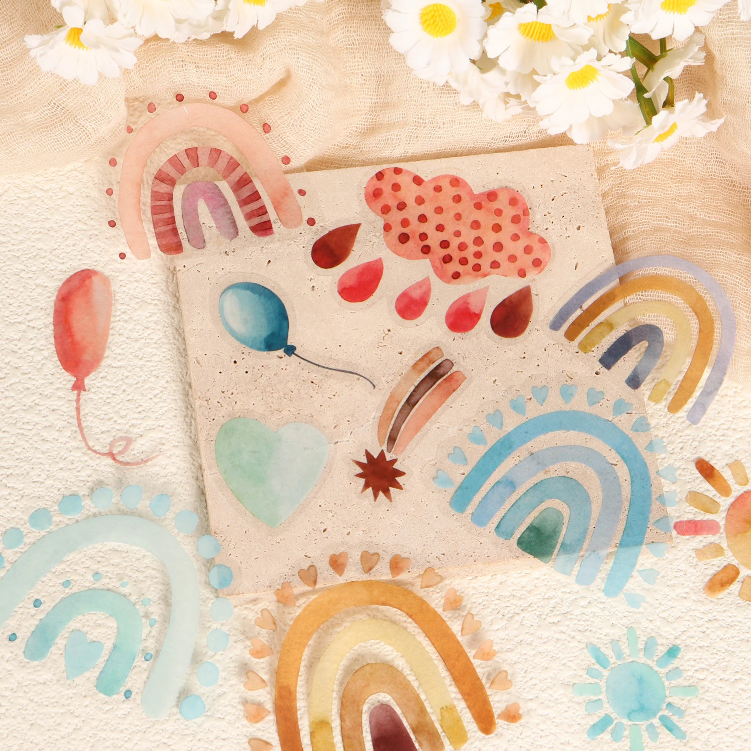 56-58 Stück PET Boho Aquarell Regenbogen Transparente Aufkleber, für Wasserflaschen, Laptops, Helme, Regenbogen-Wandkunst, Scrapbooking. – Detail 1