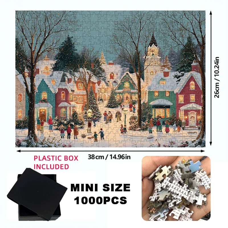 Mini puzzle scène de neige de noël 1000 pièces, boîte pour adulte 38x26cm (15 "X 10.2"), puzzle sur le thème des vacances d'hiver pour adultes