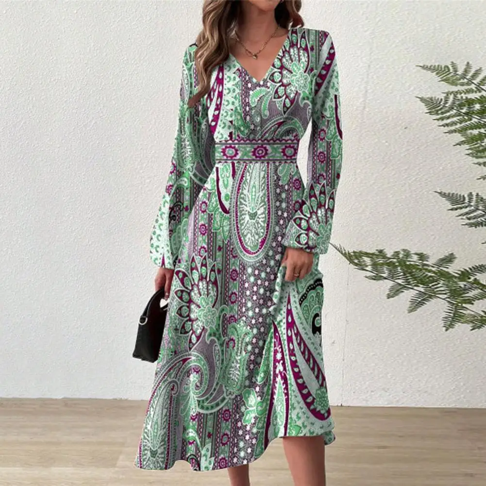 

Long Sleeve Ethnic Style Dress Retro Ethnic Style Print V Neck A-line Midi Dress with Long Lantern Sleeves High Tight for Women