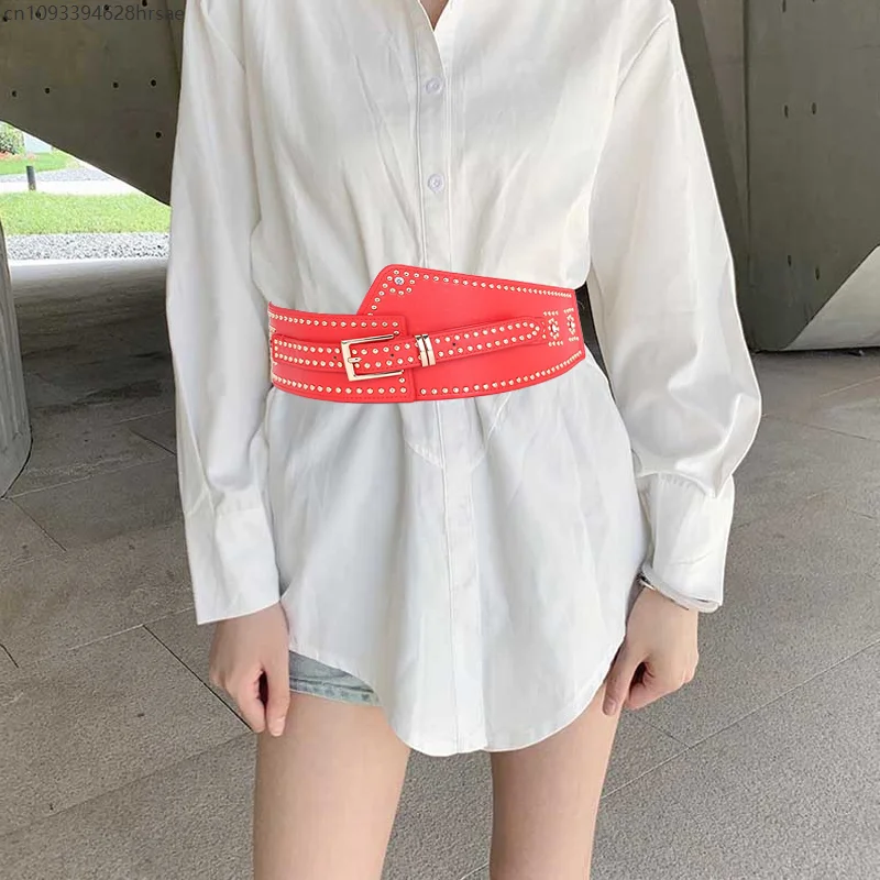 Vrouwen Trendy Gothic Corset Klinknagel Riemen Elastische All-match Mode Vrouwelijke Brede Riemen Jurk Jas Decor Gordel