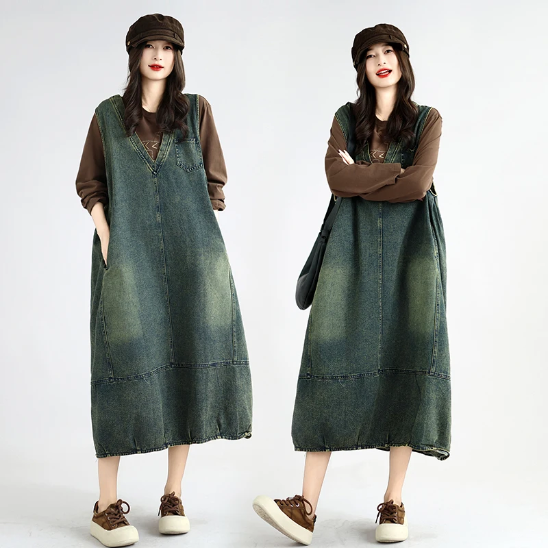 Retro V-Neck Distressed Sleeveless Loose Slimming Midi Denim Dress Women Casual Cotton Loose Fit No Stretch All Seasons