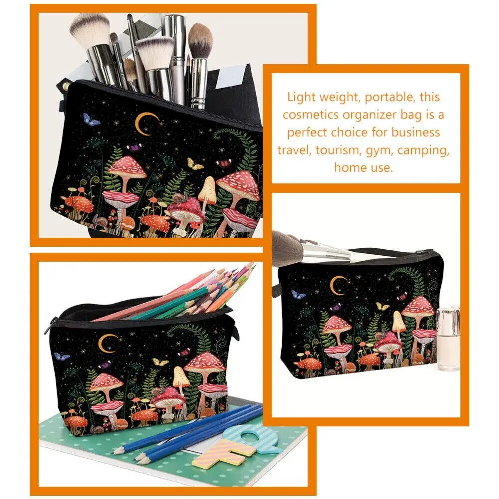 Portable Mushroom Print Cosmetic Bag Large Capacity Zipper Makeup Organizer Polyester Toiletry Bag view 3