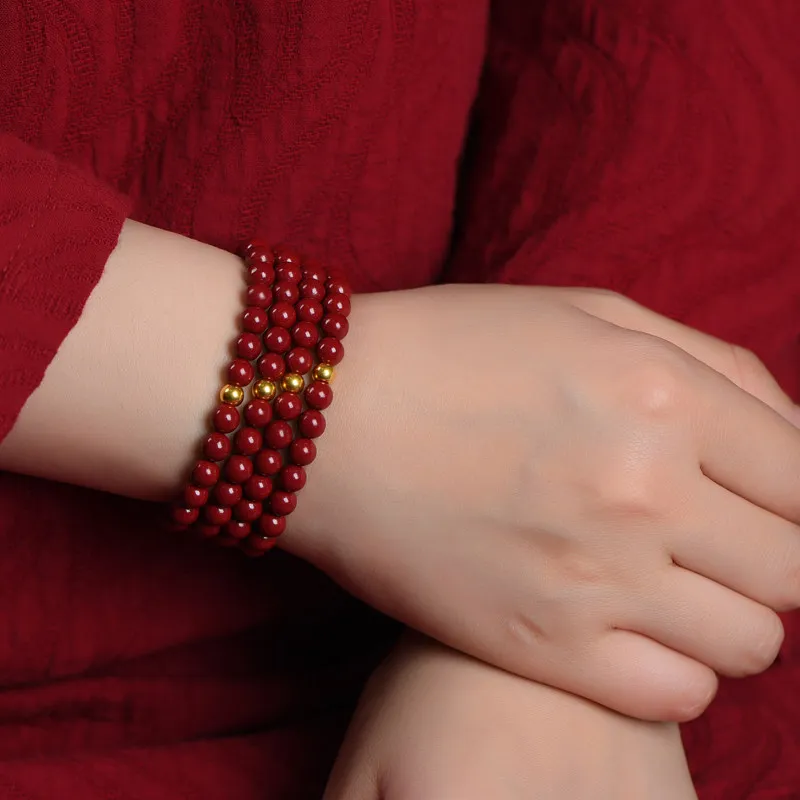 Chinese Natural Cinnabar Bracelet 108 Beads 4 Layer Gold Transfer Lucky Bead 2026 Year Of Horse Feng Shui Fortune Blessing Unise