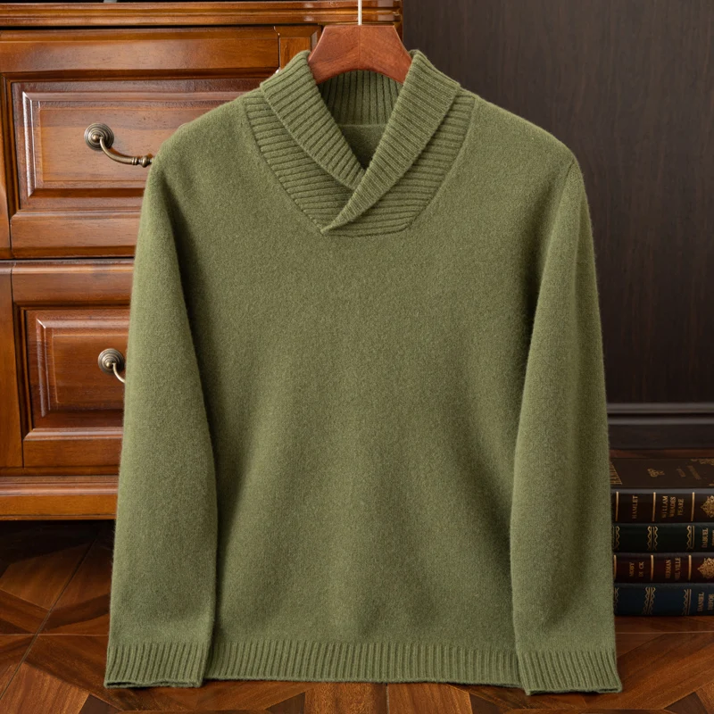 Men's Round Neck Pullover Cashmere Knit Bottoming Shirt 100% Pure Wool Loose Solid Color Casual Jacquard Sweater