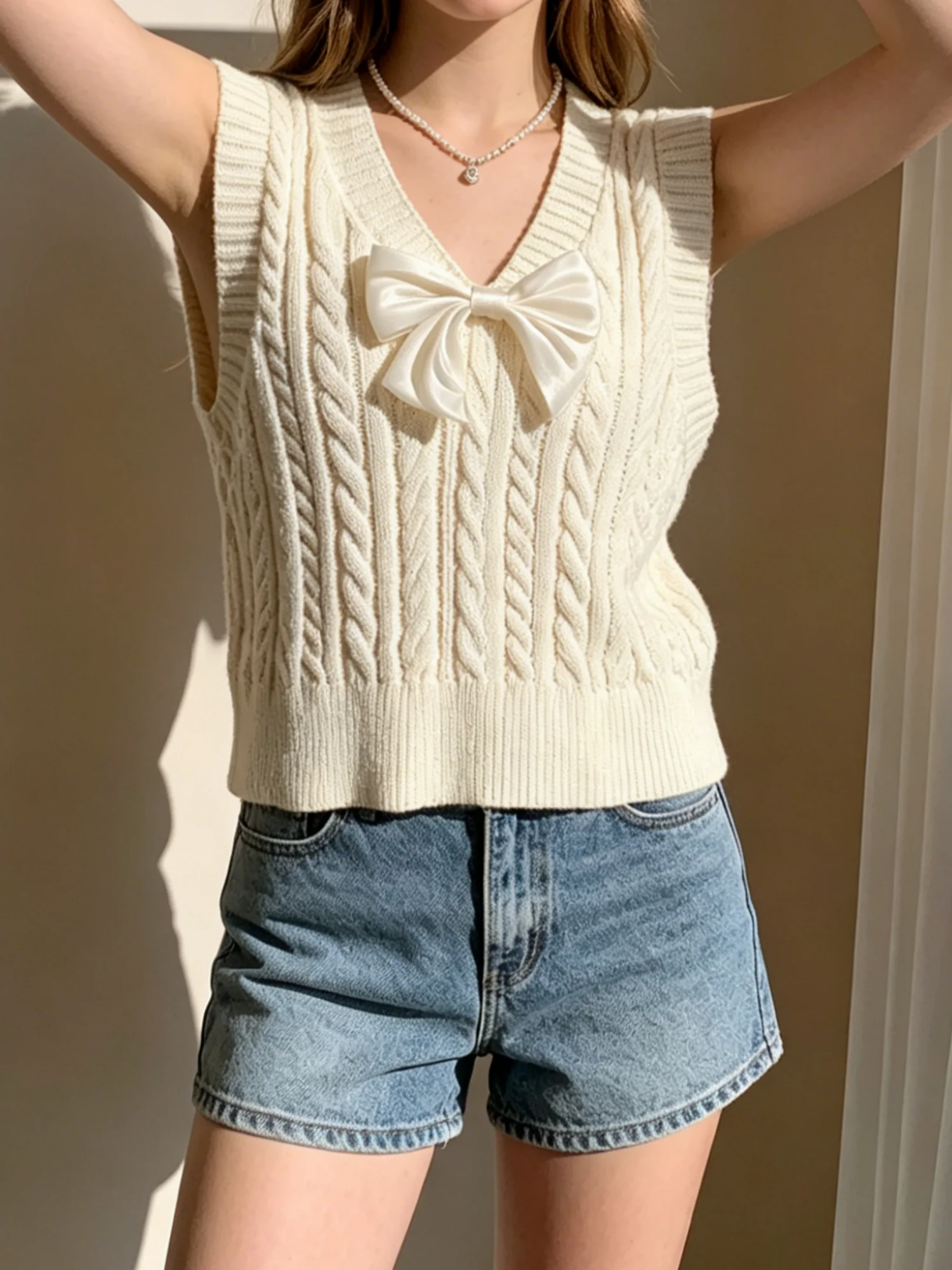 Picture 5: Women's spring and summer solid color knitted vest, adorned with bow decorations, fashionable and casual women's clothing