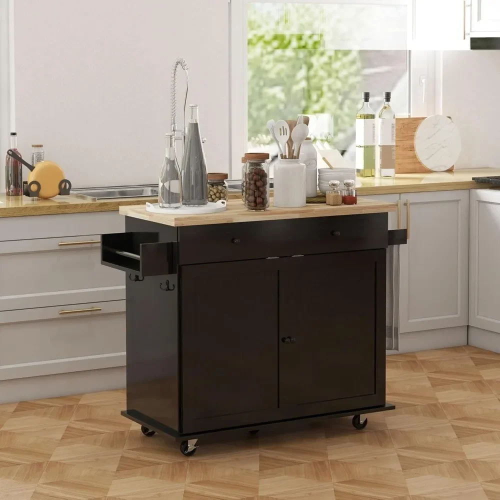 Kitchen Island with Storage, Farmhouse Rolling Kitchen Island Cart on Wheels with Drawer, 2 Cabinets, Rubberwood Top