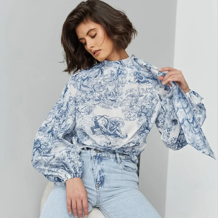 Camisa solta de manga lanterna estampada feminina, blusa que combina com todas as roupas femininas, moda nova, fresca, personalidade estilo francês, outono, 2024