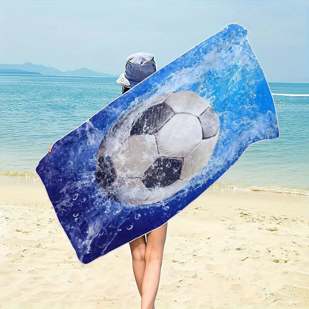 Soccer & Wave Print Beach Towel Patterned Sunscreen And Windproof Suitable For Swimming Pool Camping Travel Blanket