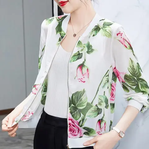 Summer 2026 Fashionable Floral Chiffon Short Baseball Jacket Women's Sun Protection Open Cardigan Loose Fit Long Sleeve round...