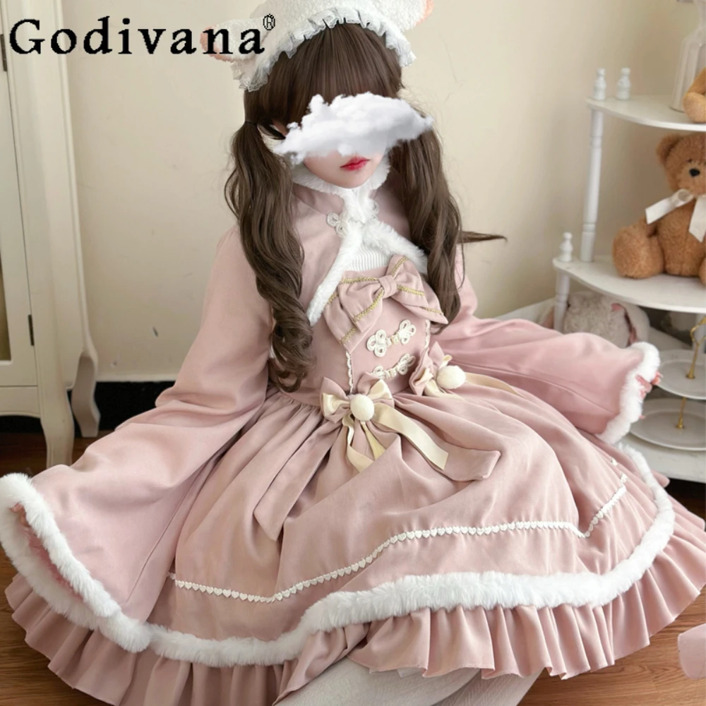 

Lolita New Year's Kawaii Dress Jsk Suspender Two-piece Set Sweet Cute Bow Dress for Women