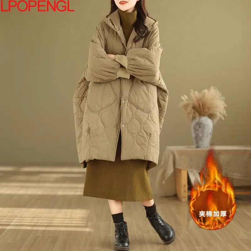 Fashion Women Winter New Mid-length Single Breasted Down Cotton Jacket Korean Loose Hooded Warm Rhombic Wide-waisted Coat