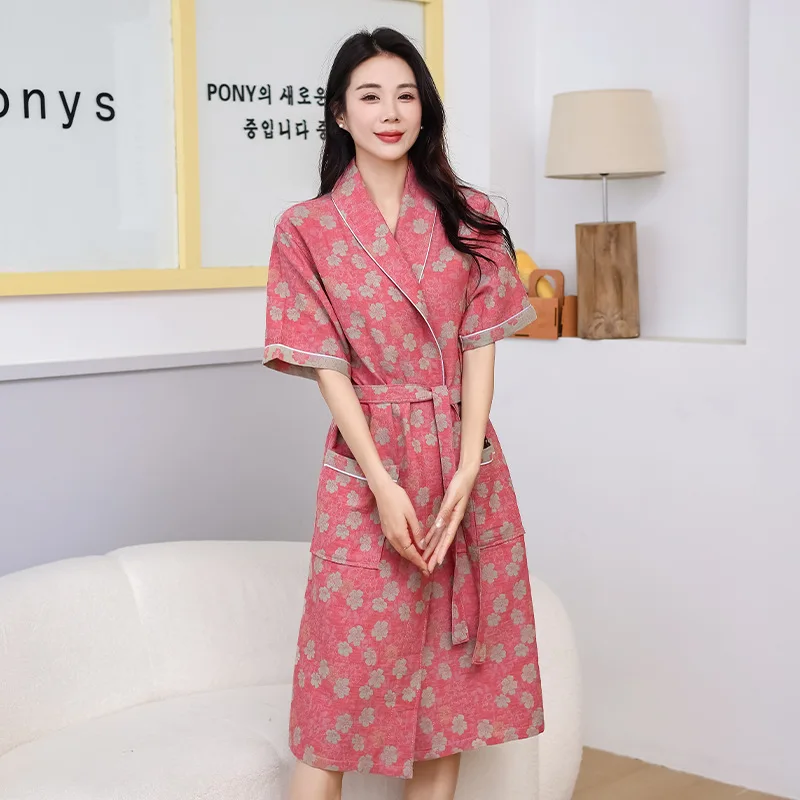 Japanese Kimono Summer Women's Bathrobe Cotton Pajama Printed Simple Kimono Bathrobe Thin Home Clothing Ladies
