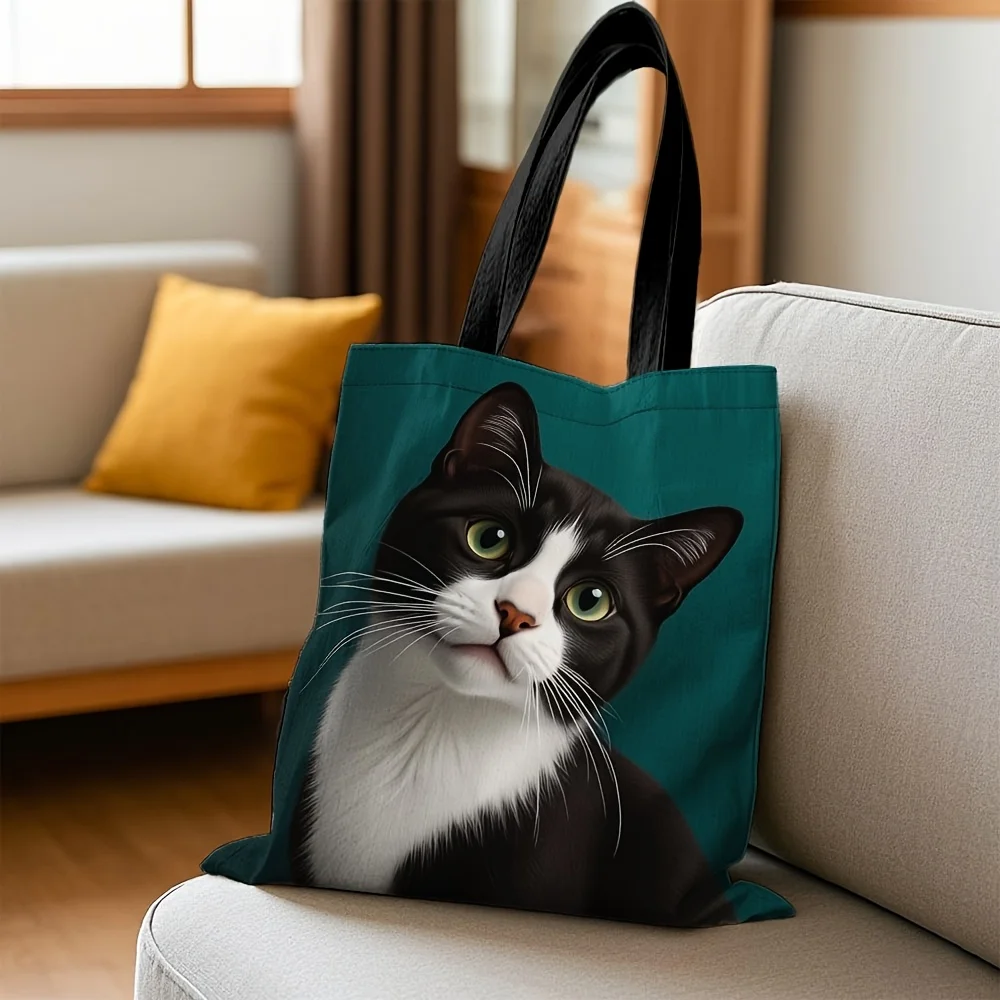 1pc Large Capacity Tuxedo Cat Tote Bag - Reusable, Durable Shoulder Bag with Black & White Striped Cat Design, Teal Background