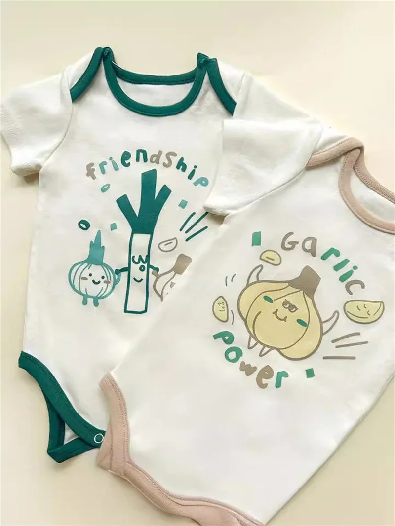 Funny Summer Baby Boy Girls Clothes Korean Romper Bodysuit Cotton Short Infant Scallion Pattern Onesie Jumpsuits With Hat 2024