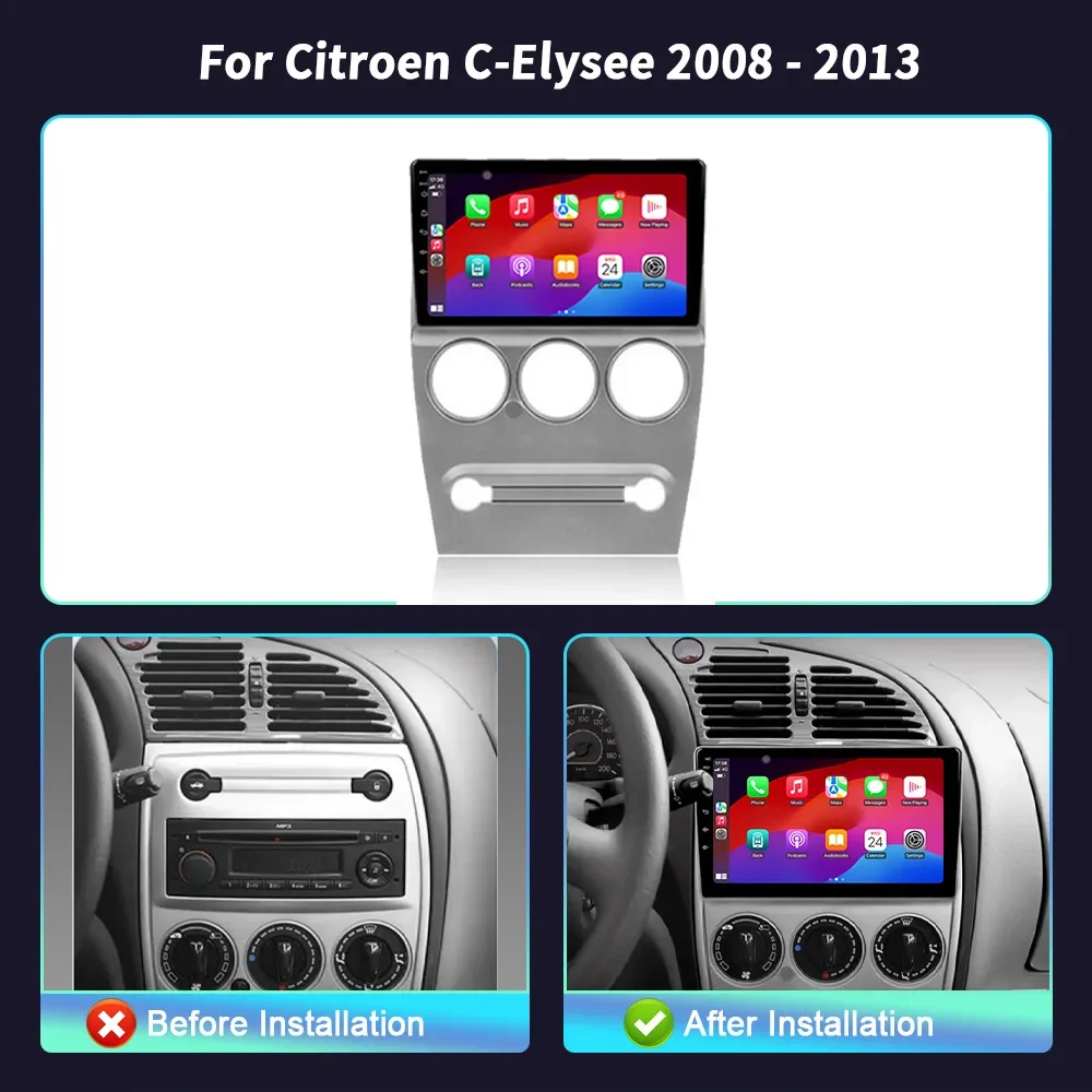 Android 14 For Citroen C-Elysee 2008-2013 Car Auto Wireless Bluetooth Carplay Radio Stereo Multimedia Player Navigation Screen