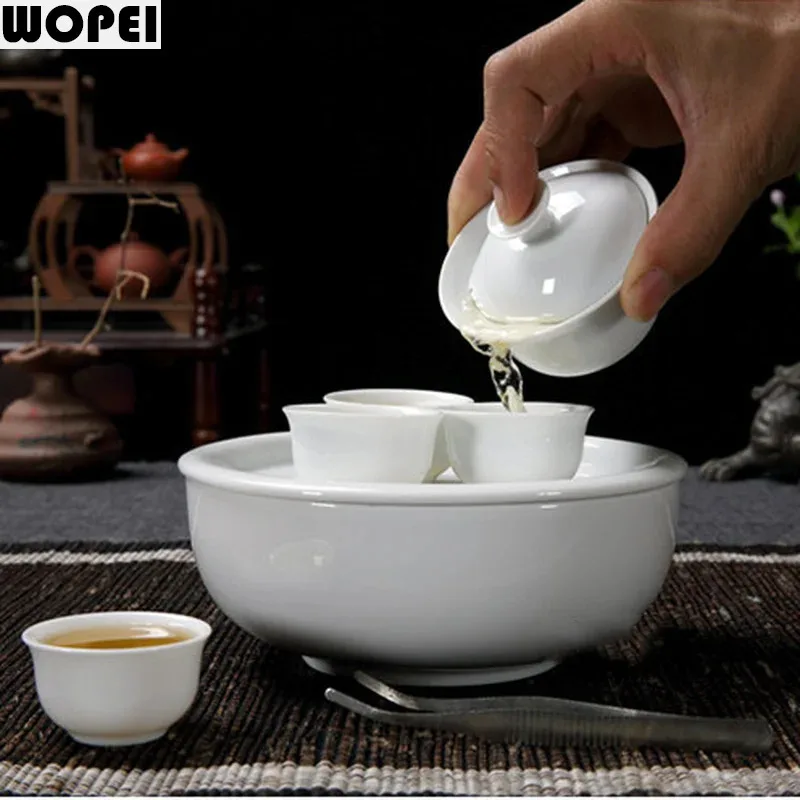 Travel Tea Set Red Storage Bag Portable Purple Sand Cup Pot Ceramics Round Tea Tray Kung Fu Tea Utensils 7 Piece Set Teaware