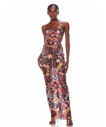 Women's Flowers Shaped Hollow Out Design Long Dresses Ankle Length Sequin Party Dresses Evening Maxi Dress Elegant Vestidos