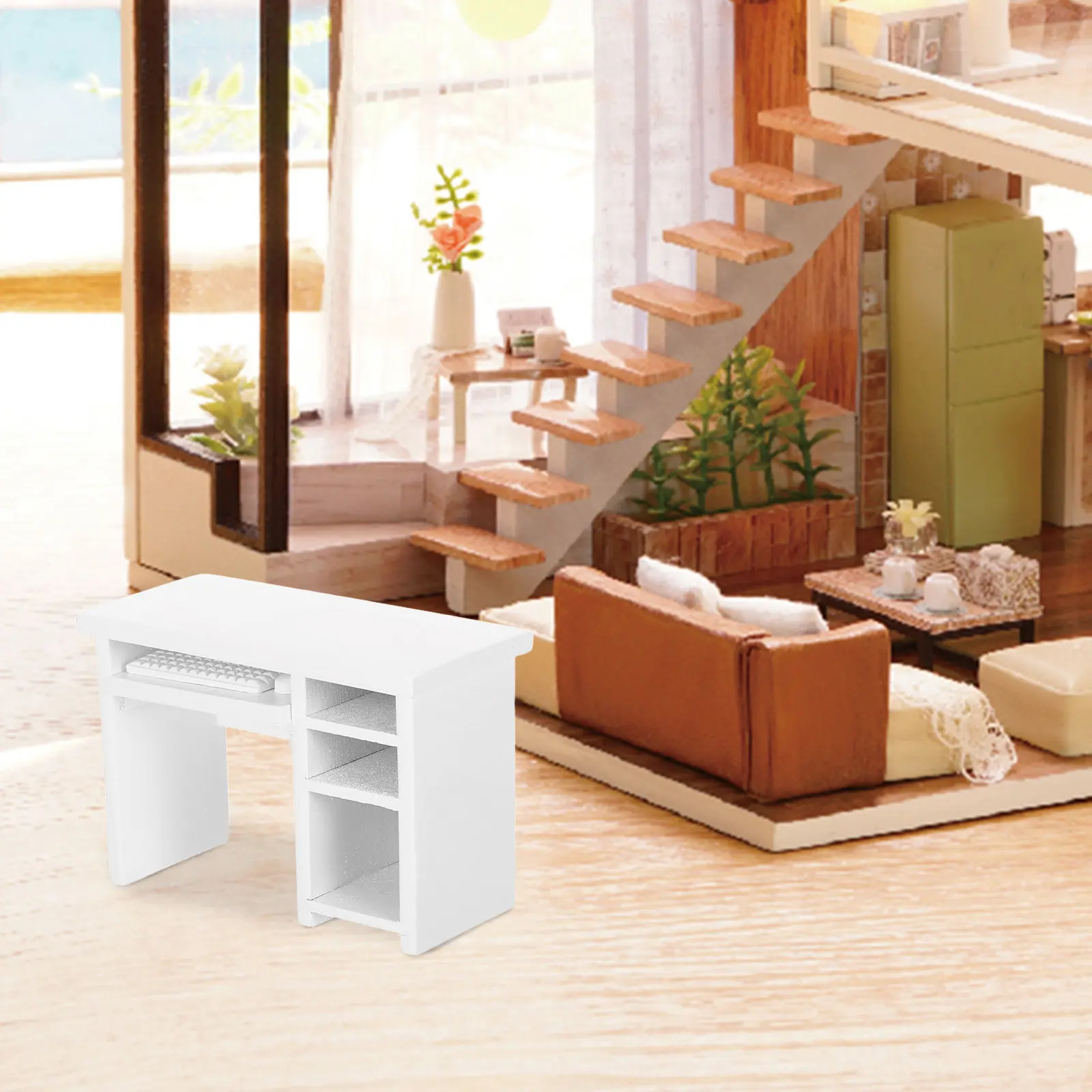 

Miniature Computer Desk for Dollhouse 1:12 Scale Wooden Desk Chair Laptop Table Realistic Office Setup Bedroom Furnishing