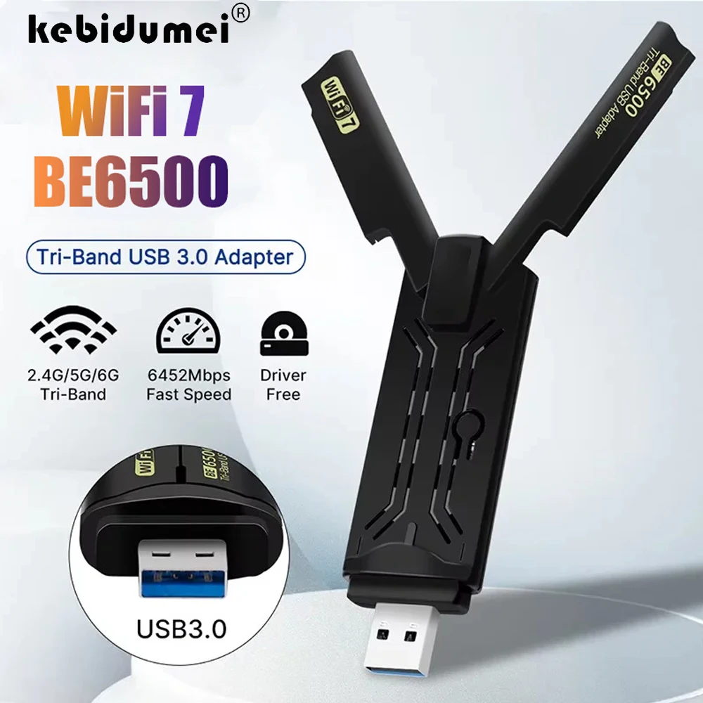 

KEBIDUMEI WiFi 7 Ethernet Adapter 6500Mbps USB 3.0 Wireless Network Card Triple Band Receiver For Windows 10/11 Driver Free