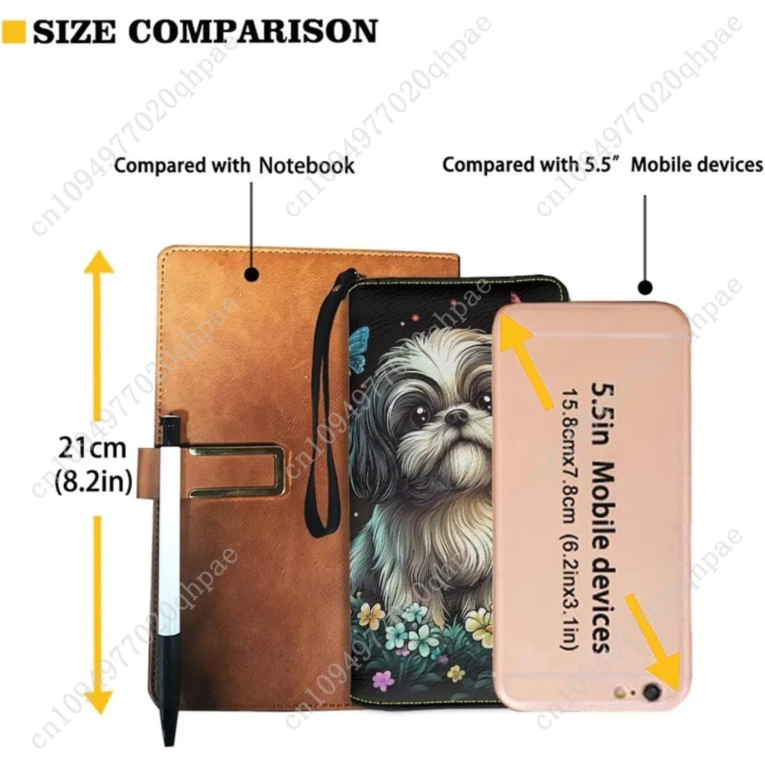 محافظ شيه تزو اللطيفة على شكل زهور للنساء من جلد البولي يوريثان وحامل بطاقات وسحاب ومنظم قابض طويل مع حزام معصم