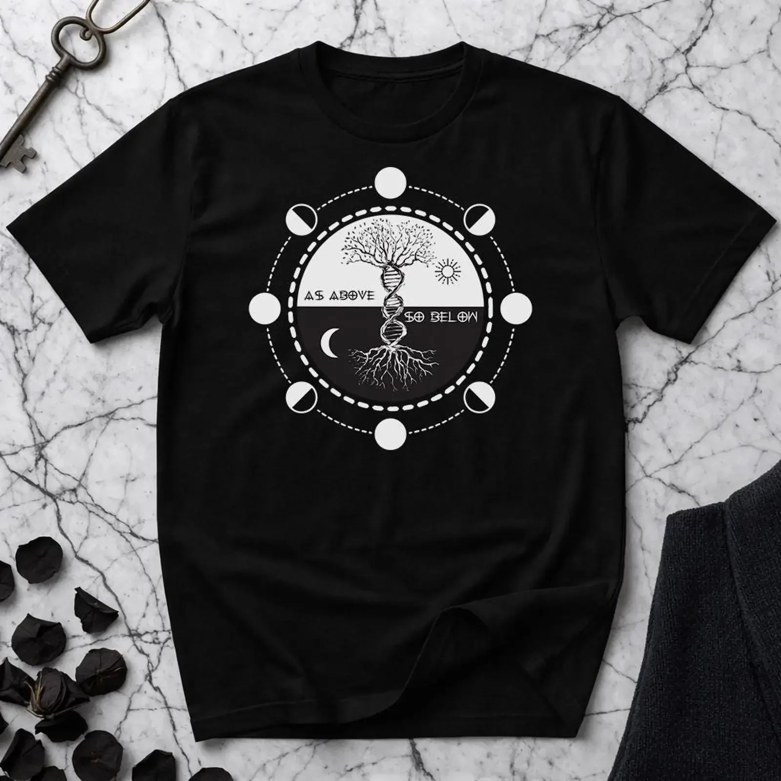 As Above So Below DNA Tree of Life T Shirt Moon Phases Spiritual Duality Symbol Occult Esoteric Metaphysical vintage Washed