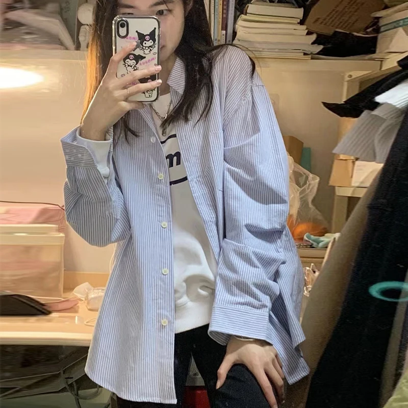 Koreanische Mode Vintage gestreifte Hemden Frauen Harajuku lange Ärmel Top ästhetische Kleidung koreanische Outfits Bluse Streetwear