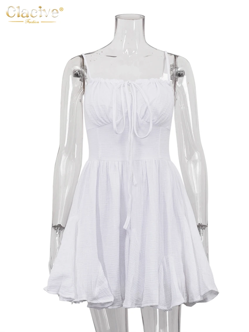 Clacive Summer Loose White Women's Dress 2025 Sexy Strap Sleeveless Mini Dresses Elegant Classic High Waist Pleated Female Dress