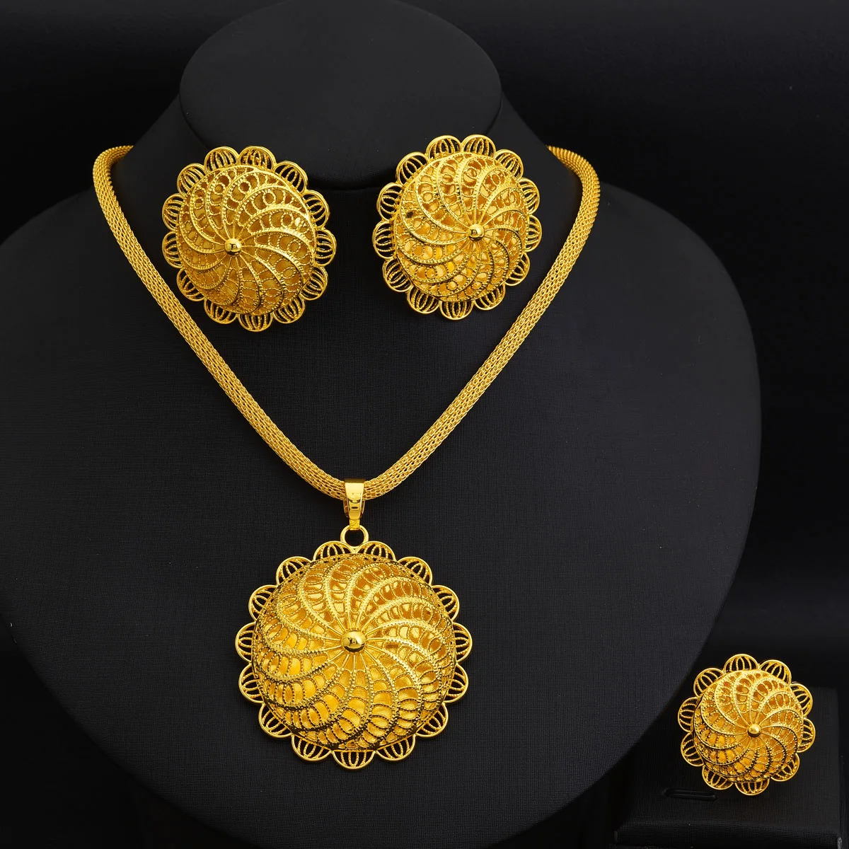 Ethiopian Jewelry sets Hollow out Golden Color Hollow chain 3-Piece Sets African Eritrean Wedding Engagement Ethnic Gifts #127