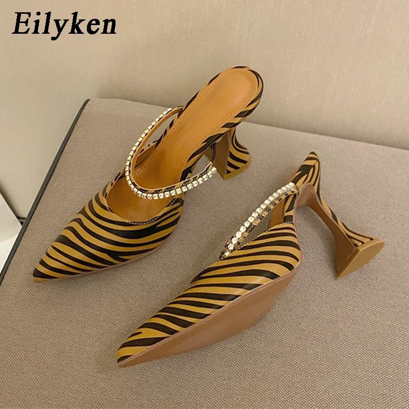 Eilyken Summer Fashion Crystal Chain Zebra Crossing Women Pumps Sandals Sexy Shallow Pointed Toe High Heels Party Shoes