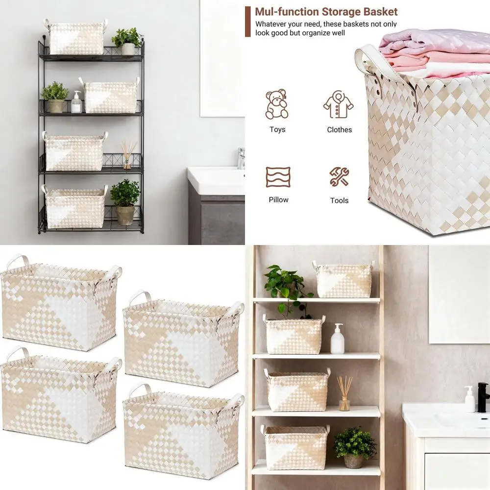 

Large 15L Waterproof Laundry Basket Set of 6 Cube Organizers with Leather Handle for Home, Car, and Towel Storage - Beige