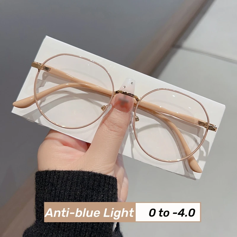 

Fashionable Finished Myopia Glasses for Women Round Frame Near Sight Eyeglasses Unisex Anti-blue Ray Eyewear Diopters 0 To -4.0