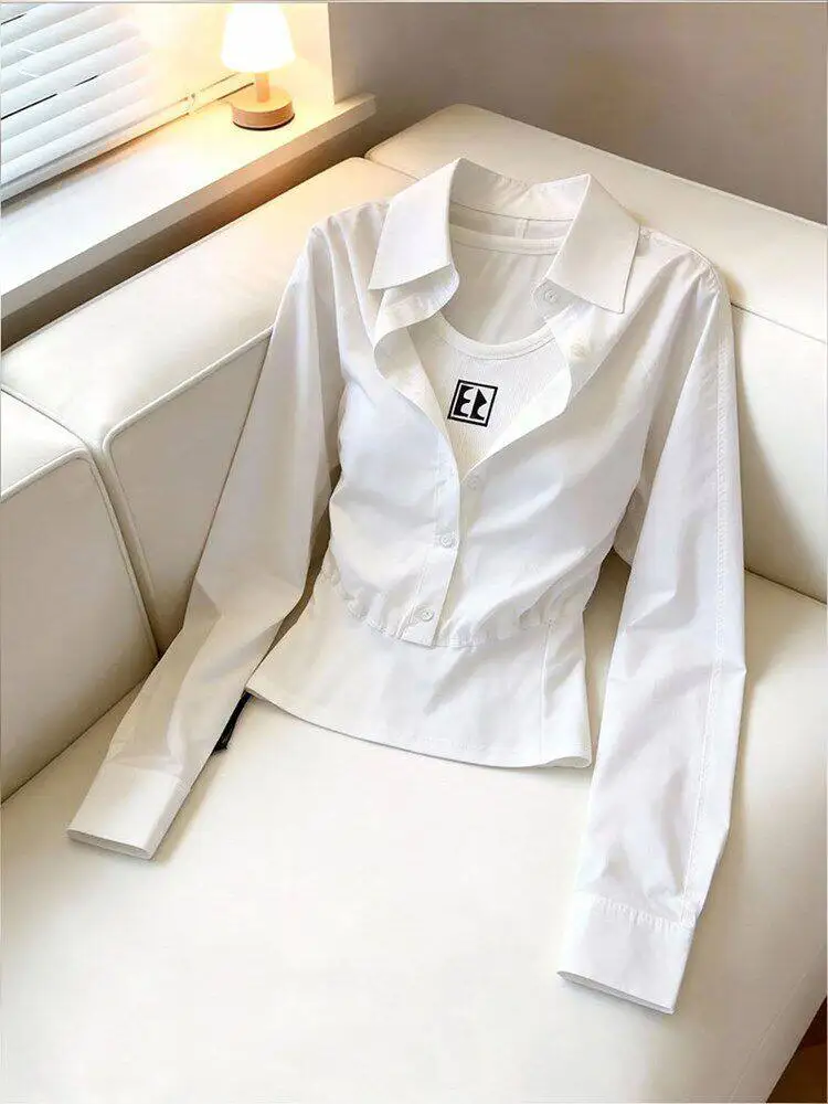 

French Style White Neck Shirt Fake Two-Piece Commuter Versatile Anti-Aging Women's Spring 2026 New Fashion Cotton Blouse