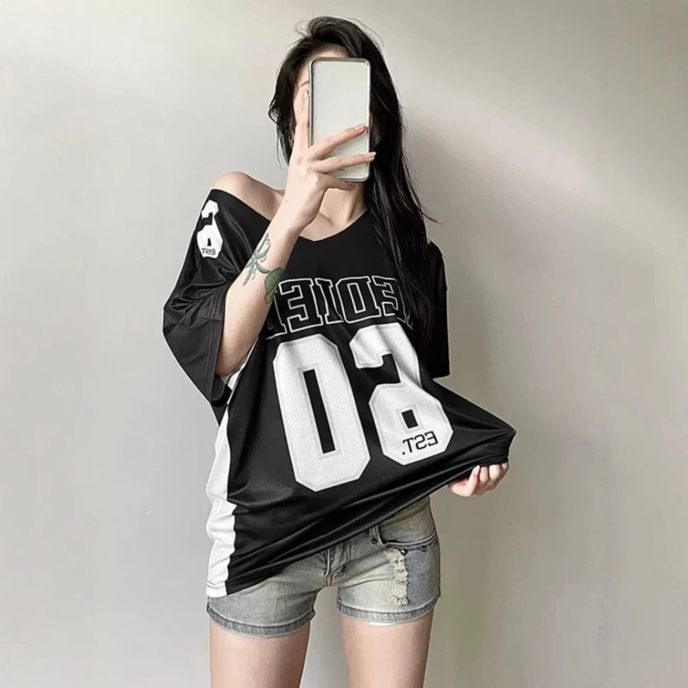 Asymmetrie Sportliches Freizeit-T-Shirt Englischer Buchstabe Zahlen Kurzarm Top Vielseitiger Atmosphärenstil Harajuku Kurzarm Club