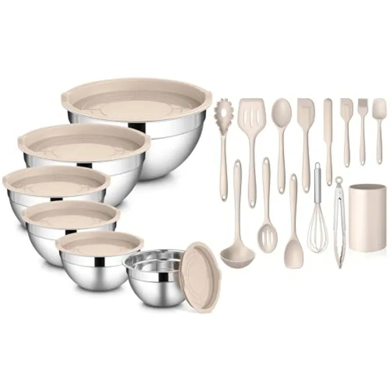 

Mixing Bowls with Kitchen Cooking Utensils 20 Piece Stainless Steel Metal Kitchen Nesting Bowl Size 7 3.5 2.5 2 1.5 1QT for Prepping Baking and Food Storage Khaki JUYHGV