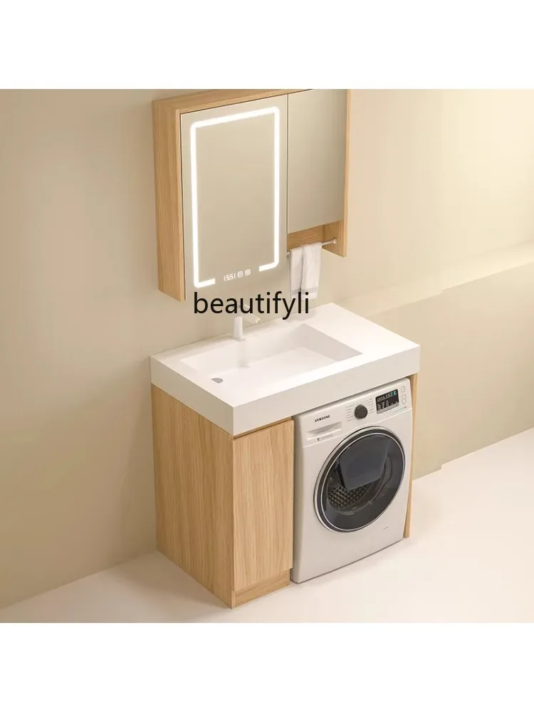 Simple Balcony Washing Machine Stone Plate Integrated Wash Basin Assembled Cabinet Small Apartment Bathroom Solid Wood Washstand