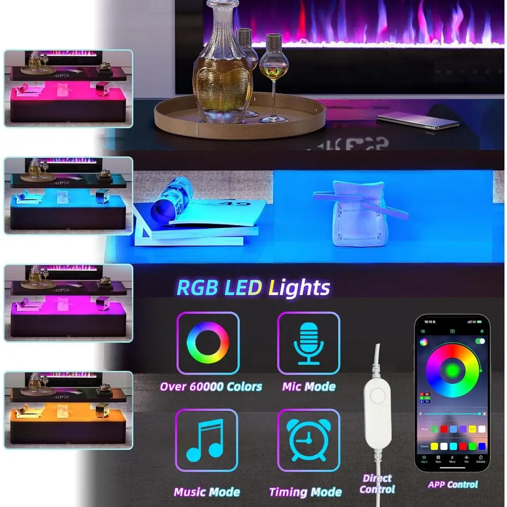 Modern Living Room Coffee Table with LED, Rounded Edges, 16 Color Options, Glossy 2-Level Design, Concealed Power Supply