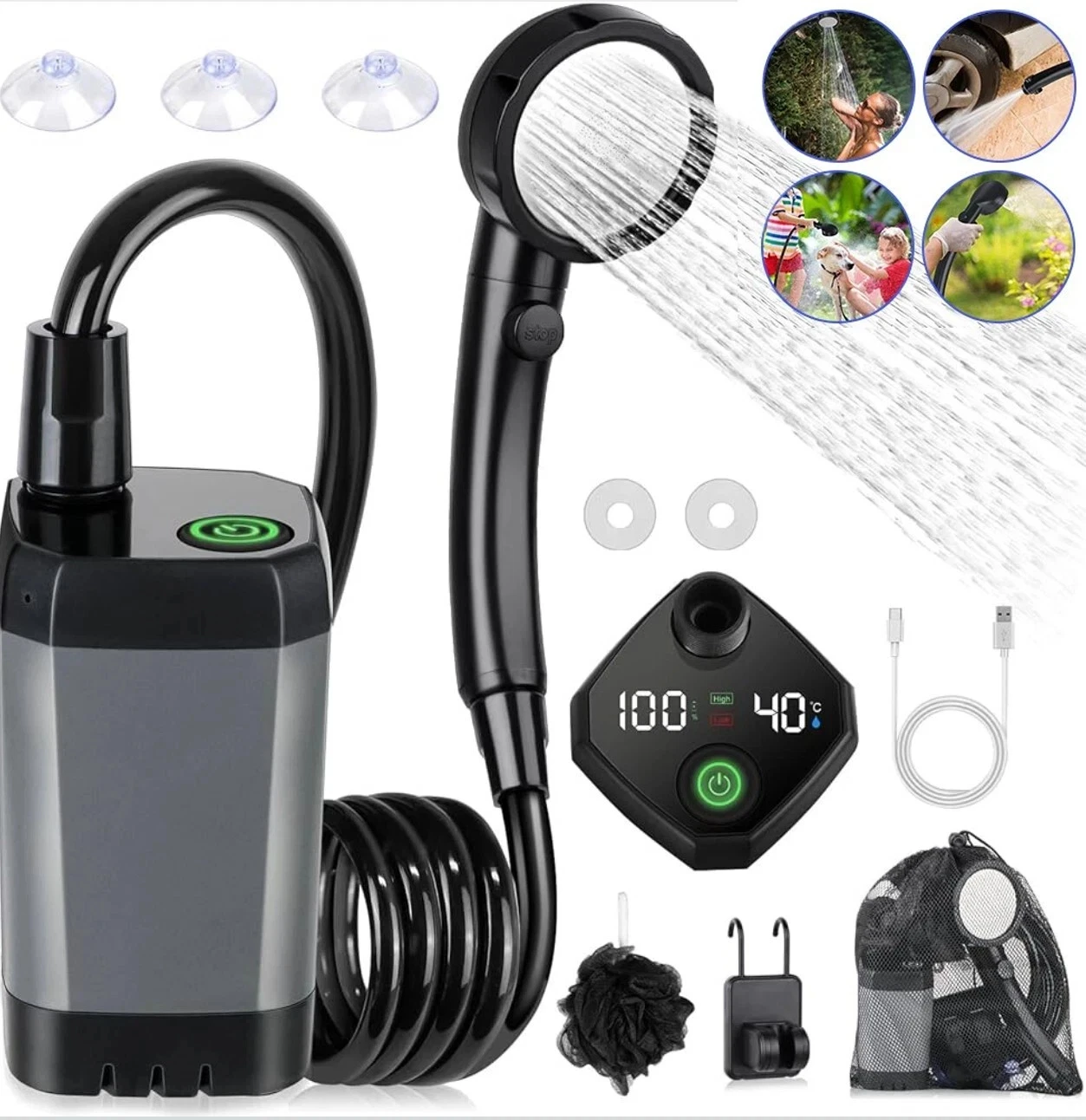 

Portable Camping Shower Equipment, 6000mAh Rechargeable, LED Display Screen, Outdoor Simple Electric Mobile Shower Set