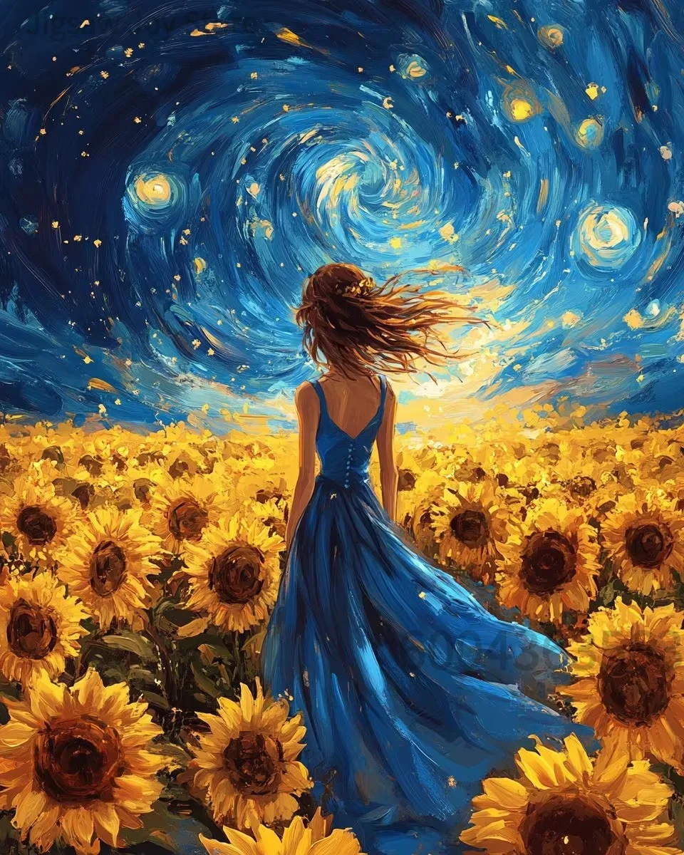 Art Female Jigsaw Puzzle, Starry Sunflower Girl, Wildflower Field Woman, Book Flower Head Girl, Sleeping Mermaid, 500-2000Pcs