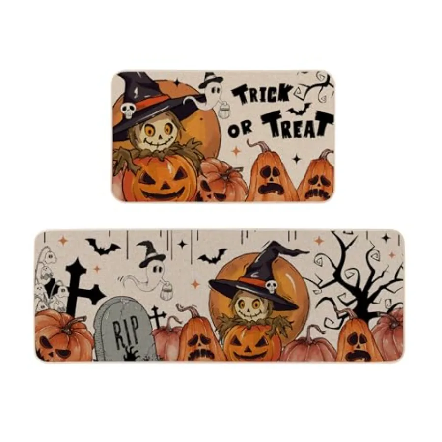

Trick or Treat Pumpkin Ghost Decorative Kitchen Rugs Set of 2 Halloween Holiday Party Home Decor LowProfile Kitchen Mats for Fl