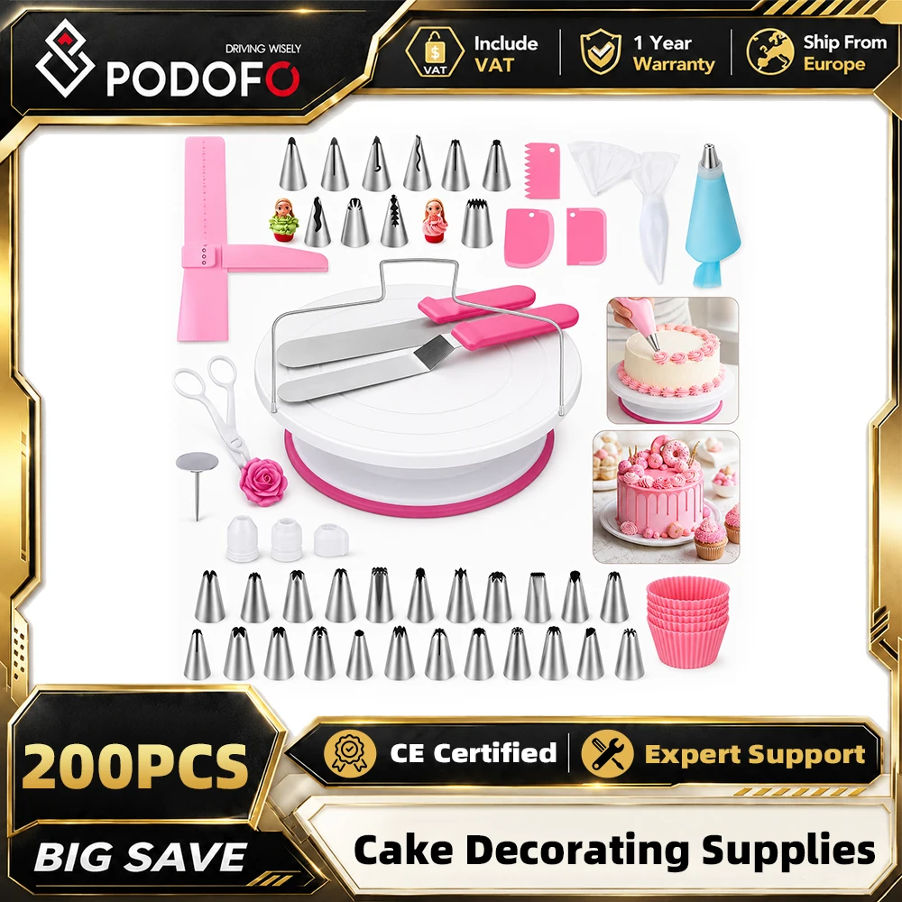 Podofo 200-teiliges Tortendekorations-Set Küchen-Backzubehör Kuchenformen-Set Drehbare Tortenplatte Tortendekorationswerkzeug Komplettes Backzubehör-Set Spritztüllen für Anfänger