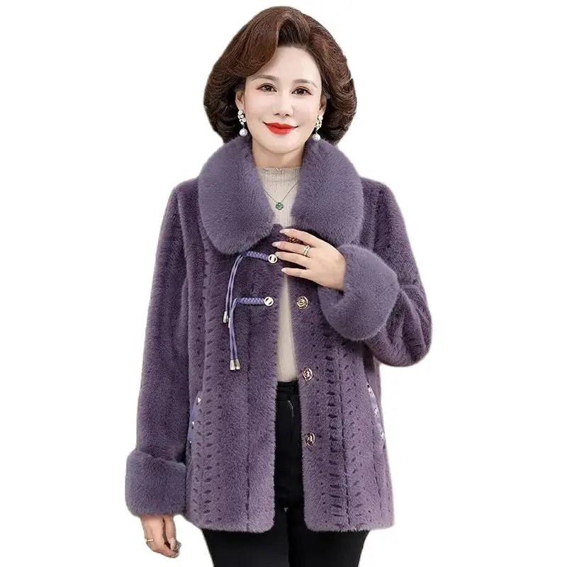 Middle-Age Women Faux Fur Coat Thicken Mink Fur Short Jacket Fox Fur Collar Outerwear Female Fashion Fur Jackets Autumn Winter