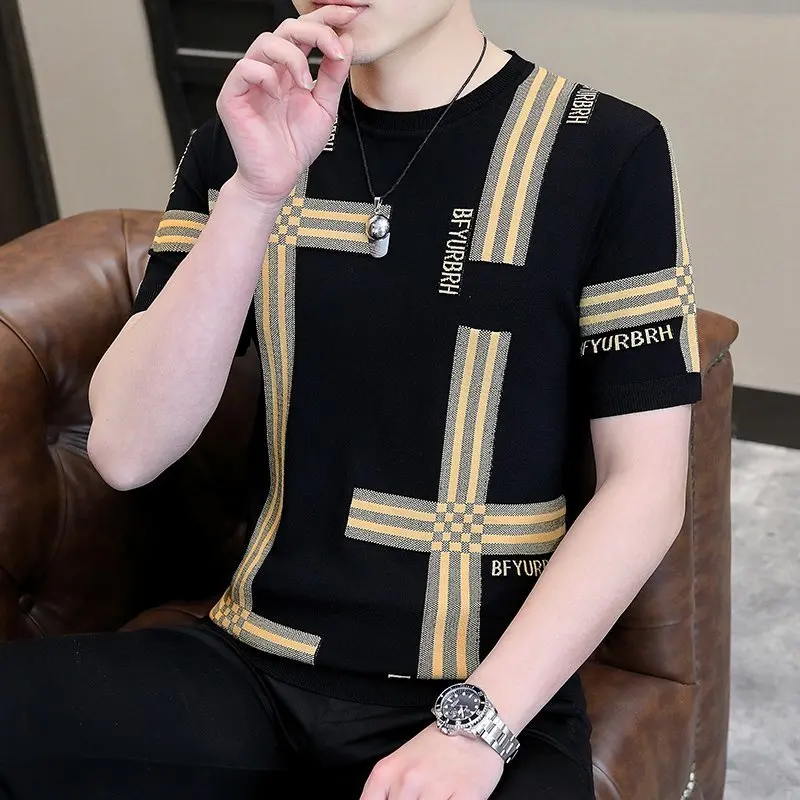 

Мужская трикотажная футболка с коротким рукавом и круглым вырезом, облегающая, повседневная, удобная, дышащая, мягкая, из вискозы и нейлона.