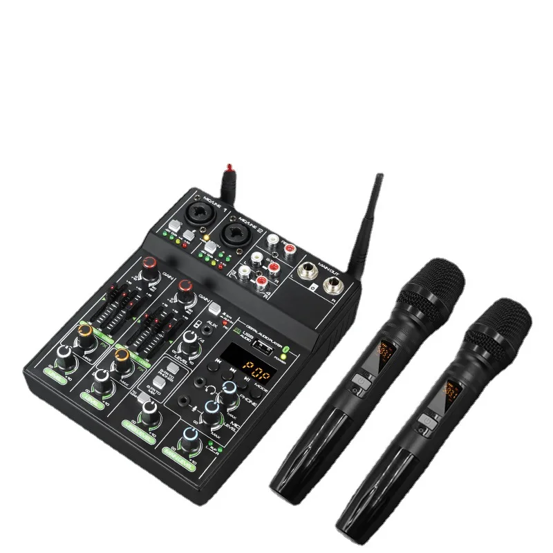 High Quality Power Bluetooth Audio Mixer With Wireless Microphone Mixer With 2 Microphones For Karaoke