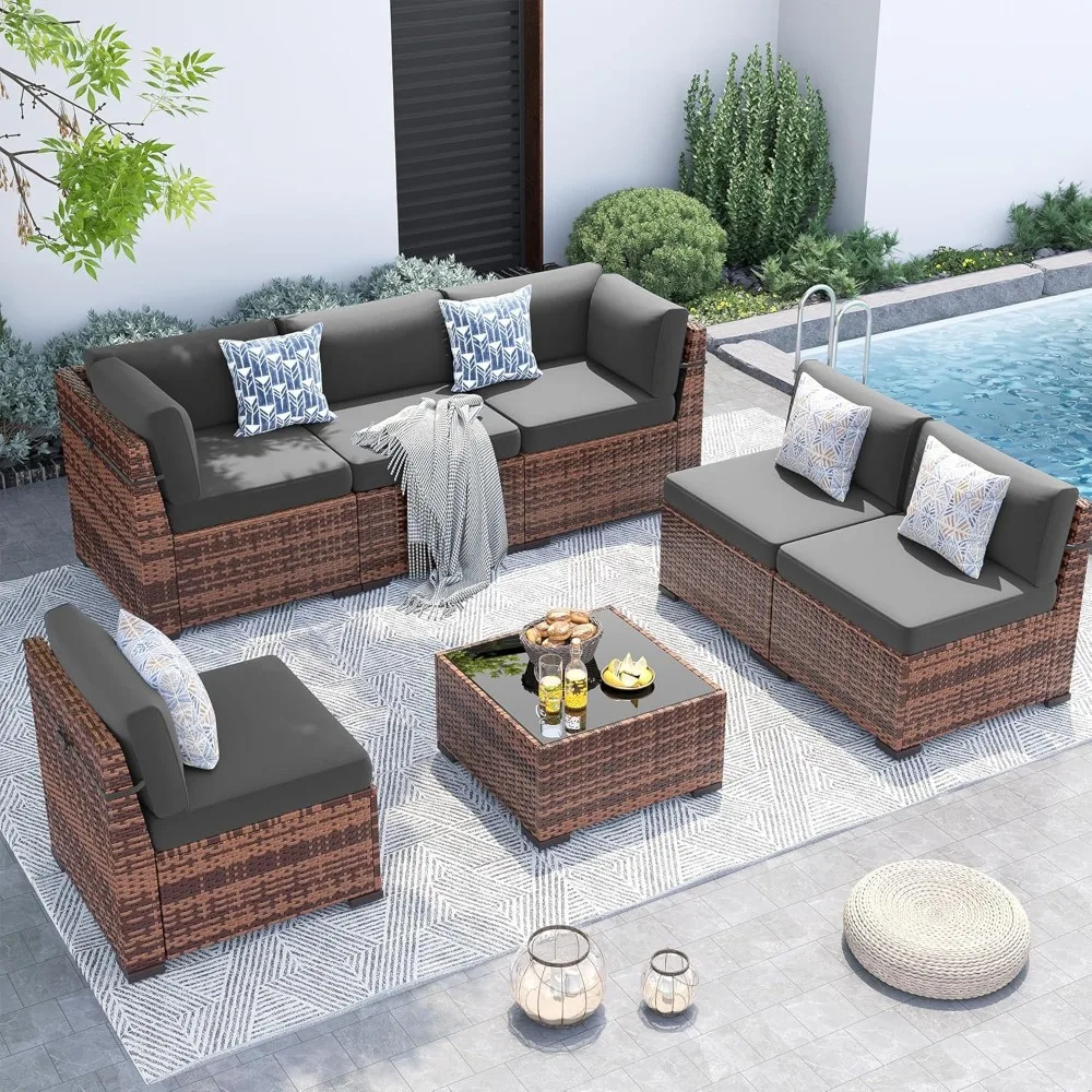 

Patio Furniture Set,7 Pieces Outdoor Rattan Sectional Set,Modular Slanted Back Patio Conversation Set Heavy Duty Wicker Sofa