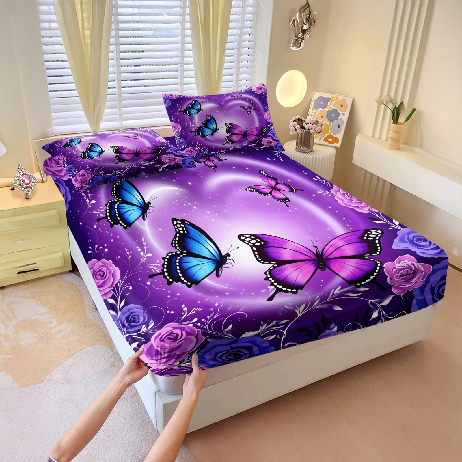 Purple Butterfly Rose Fitted Sheet Set Romantic Heart Starry Sky Print Elastic Deep Pocket Bed Sheet with Pillowcases Bedding